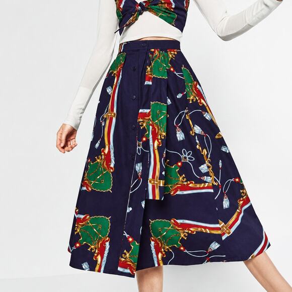 Zara Dresses & Skirts - Zara Navy Nautical Cotton Button Front Midi Skirt Size S